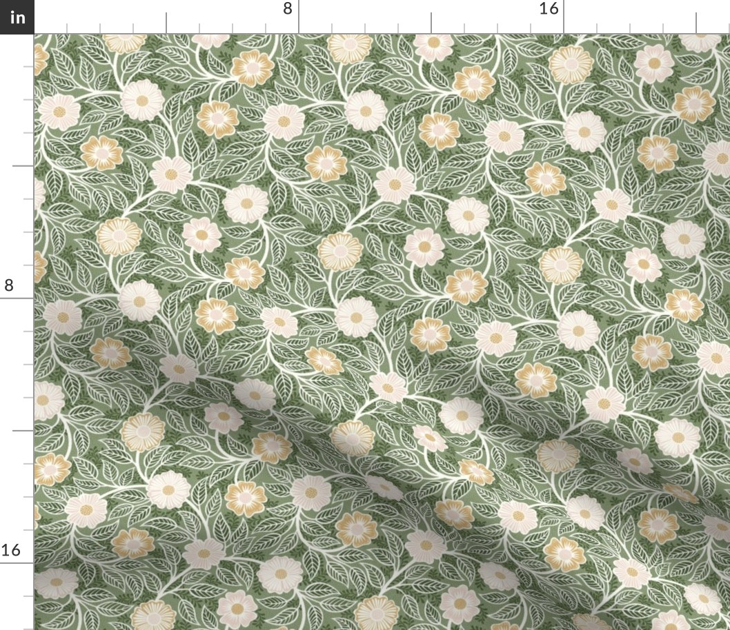 Soft Spring- Victorian Floral- Off White- Honey and Blush on Sage Green- Climbing Vine with Flowers- Petal Signature Solids- Earthy Green- Olive- Moss- Natural- William Morris Wallpaper- Mini