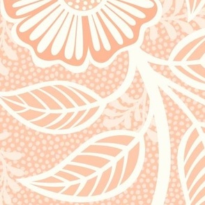 Soft Spring- Victorian Floral- Off White on Coral Background- Climbing Vine with Flowers- Pastel Coral- Natural- Soft Orange- Pastel Orange- Nursery Wallpaper- William Morris Inspired- Spring- Extra Large