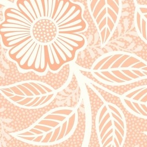 Soft Spring- Victorian Floral- Off White on Coral Background- Climbing Vine with Flowers- Pastel Coral- Natural- Soft Orange- Pastel Orange- Nursery Wallpaper- William Morris Inspired- Spring- Large