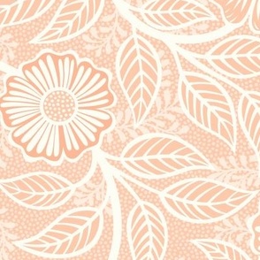 Soft Spring- Victorian Floral- Off White on Coral Background- Climbing Vine with Flowers- Pastel Coral- Natural- Soft Orange- Pastel Orange- Nursery Wallpaper- William Morris Inspired- Spring- Medium