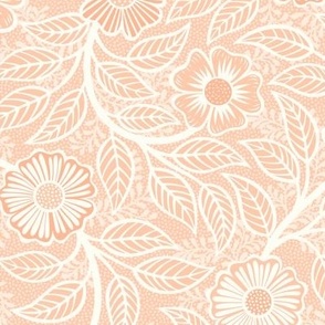 Soft Spring- Victorian Floral- Off White on Coral Background- Climbing Vine with Flowers- Pastel Coral- Natural- Soft Orange- Pastel Orange- Nursery Wallpaper- William Morris Inspired- Spring- Small