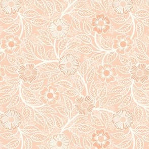 Soft Spring- Victorian Floral- Off White on Coral Background- Climbing Vine with Flowers- Pastel Coral- Natural- Soft Orange- Pastel Orange- Nursery Wallpaper- William Morris Inspired- Spring- Mini