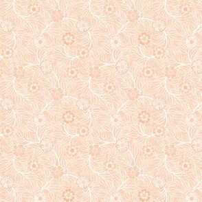 Soft Spring- Victorian Floral- Off White on Coral Background- Climbing Vine with Flowers- Pastel Coral- Natural- Soft Orange- Pastel Orange- Nursery Wallpaper- William Morris Inspired- Spring- Micro
