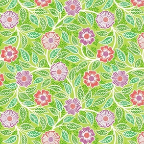 Soft Spring- Victorian Floral- Off White on Lime Green- Climbing Vine with Flowers- Petal Signature Solids- Grass Green- Peony- Coral- Natural- William Morris Wallpaper- Small