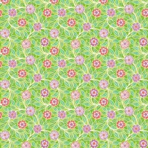 Soft Spring- Victorian Floral- Off White on Lime Green- Climbing Vine with Flowers- Petal Signature Solids- Grass Green- Peony- Coral- Natural- William Morris Wallpaper- Mini