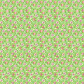 Soft Spring- Victorian Floral- Off White on Lime Green- Climbing Vine with Flowers- Petal Signature Solids- Grass Green- Peony- Coral- Natural- William Morris Wallpaper- Micro