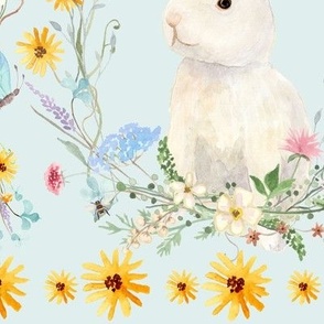 Spring Easter Bunny Rabbit Wildflowers Floral Watercolor Sunflower Pink Blue Yellow JUMBO