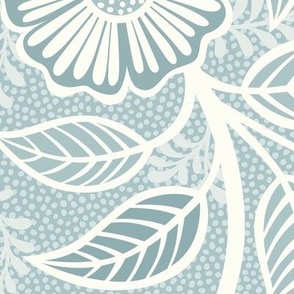 Soft Spring- Victorian Floral- Off White on Pastel Blue Teal Background- Climbing Vine with Flowers- Natural- Soft Teal Blue- Nursery Wallpaper- William Morris Inspired- Spring- Extra Large