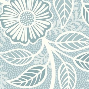 Soft Spring- Victorian Floral- Off White on Pastel Blue Teal Background- Climbing Vine with Flowers- Natural- Soft Teal Blue- Nursery Wallpaper- William Morris Inspired- Spring- Large