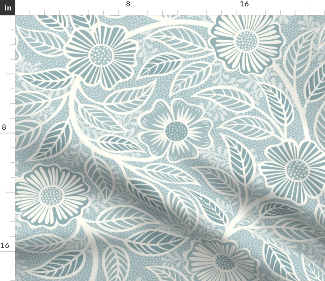 Soft Spring- Victorian Floral- Off White on Pastel Blue Teal Background- Climbing Vine with Flowers- Natural- Soft Teal Blue- Nursery Wallpaper- William Morris Inspired- Spring- Large