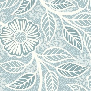 Soft Spring- Victorian Floral- Off White on Pastel Blue Teal Background- Climbing Vine with Flowers- Natural- Soft Teal Blue- Nursery Wallpaper- William Morris Inspired- Spring- Medium