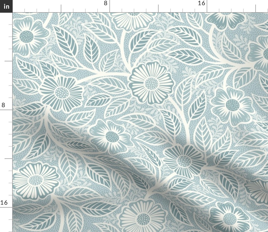 Soft Spring- Victorian Floral- Off White on Pastel Blue Teal Background- Climbing Vine with Flowers- Natural- Soft Teal Blue- Nursery Wallpaper- William Morris Inspired- Spring- Medium