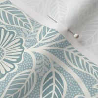 Soft Spring- Victorian Floral- Off White on Pastel Blue Teal Background- Climbing Vine with Flowers- Natural- Soft Teal Blue- Nursery Wallpaper- William Morris Inspired- Spring- Small