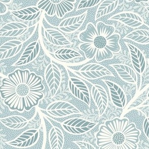 Soft Spring- Victorian Floral- Off White on Pastel Blue Teal Background- Climbing Vine with Flowers- Natural- Soft Teal Blue- Nursery Wallpaper- William Morris Inspired- Spring- Small