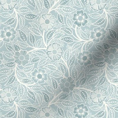 Soft Spring- Victorian Floral- Off White on Pastel Blue Teal Background- Climbing Vine with Flowers- Natural- Soft Teal Blue- Nursery Wallpaper- William Morris Inspired- Spring- Mini