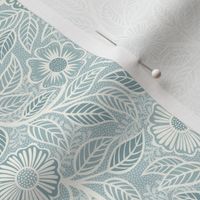 Soft Spring- Victorian Floral- Off White on Pastel Blue Teal Background- Climbing Vine with Flowers- Natural- Soft Teal Blue- Nursery Wallpaper- William Morris Inspired- Spring- Mini