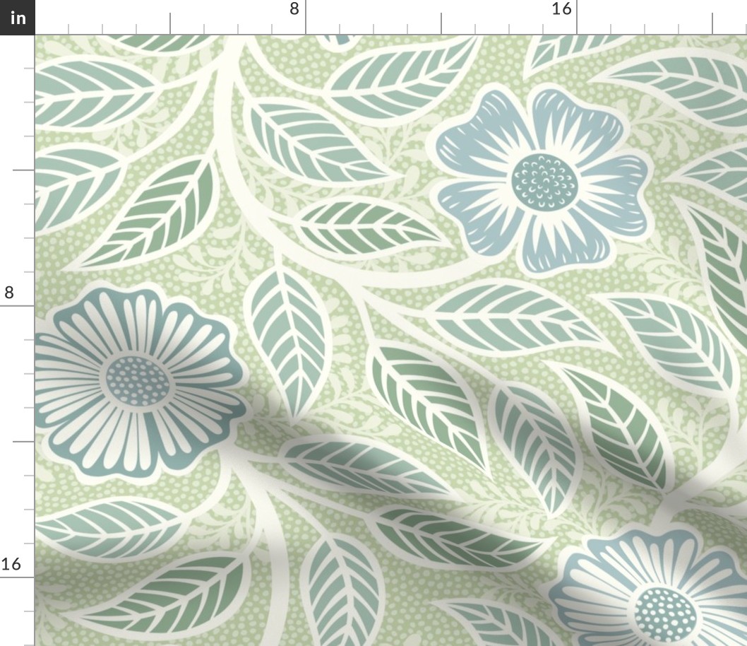 Soft Spring- Victorian Floral- Off White on Pastel Green Background- Climbing Vine with Flowers- Natural- Soft Green- Nursery Wallpaper- William Morris Inspired- Spring- Extra Large