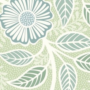 Soft Spring- Victorian Floral- Off White on Pastel Green Background- Climbing Vine with Flowers- Natural- Soft Green- Nursery Wallpaper- William Morris Inspired- Spring- Large