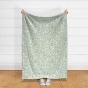 Soft Spring- Victorian Floral- Off White on Pastel Green Background- Climbing Vine with Flowers- Natural- Soft Green- Nursery Wallpaper- William Morris Inspired- Spring- Medium