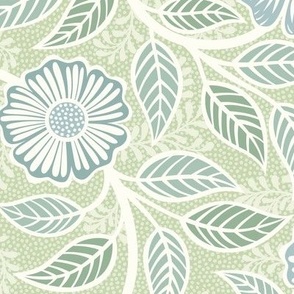 Soft Spring- Victorian Floral- Off White on Pastel Green Background- Climbing Vine with Flowers- Natural- Soft Green- Nursery Wallpaper- William Morris Inspired- Spring- Medium