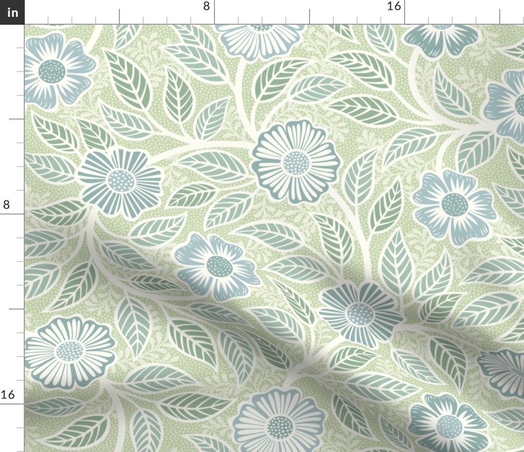Soft Spring- Victorian Floral- Off White on Pastel Green Background- Climbing Vine with Flowers- Natural- Soft Green- Nursery Wallpaper- William Morris Inspired- Spring- Medium