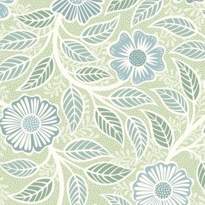 Soft Spring- Victorian Floral- Off White on Pastel Green Background- Climbing Vine with Flowers- Natural- Soft Green- Nursery Wallpaper- William Morris Inspired- Spring- Small