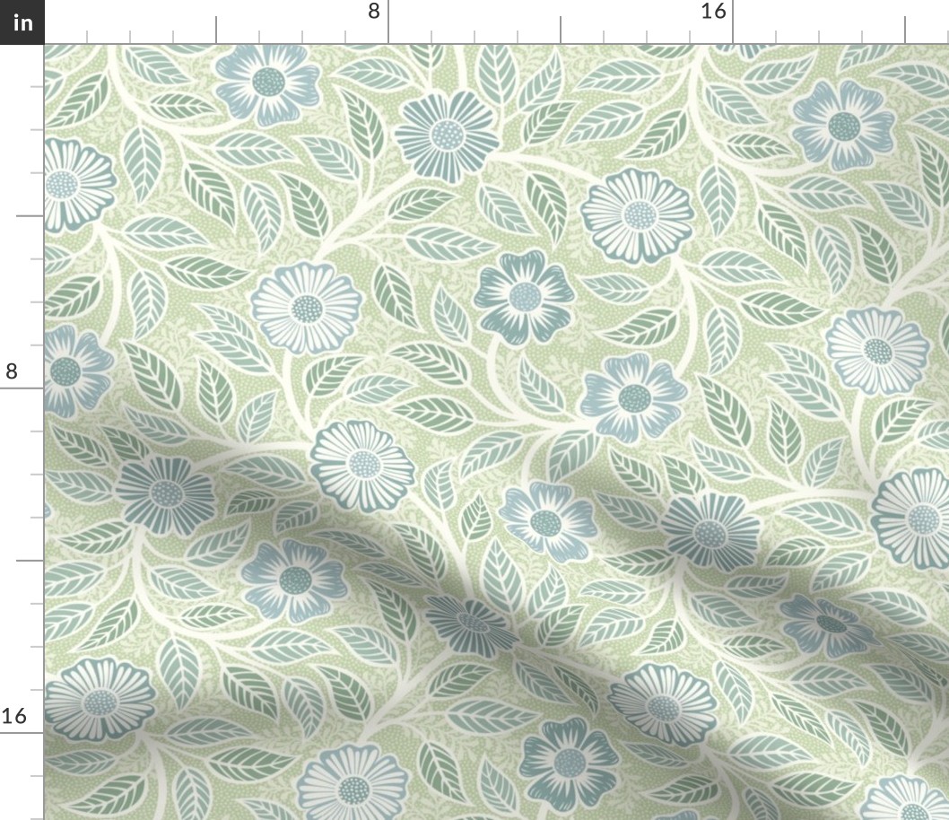 Soft Spring- Victorian Floral- Off White on Pastel Green Background- Climbing Vine with Flowers- Natural- Soft Green- Nursery Wallpaper- William Morris Inspired- Spring- Small