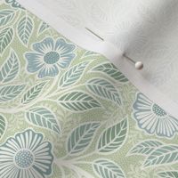 Soft Spring- Victorian Floral- Off White on Pastel Green Background- Climbing Vine with Flowers- Natural- Soft Green- Nursery Wallpaper- William Morris Inspired- Spring- Mini