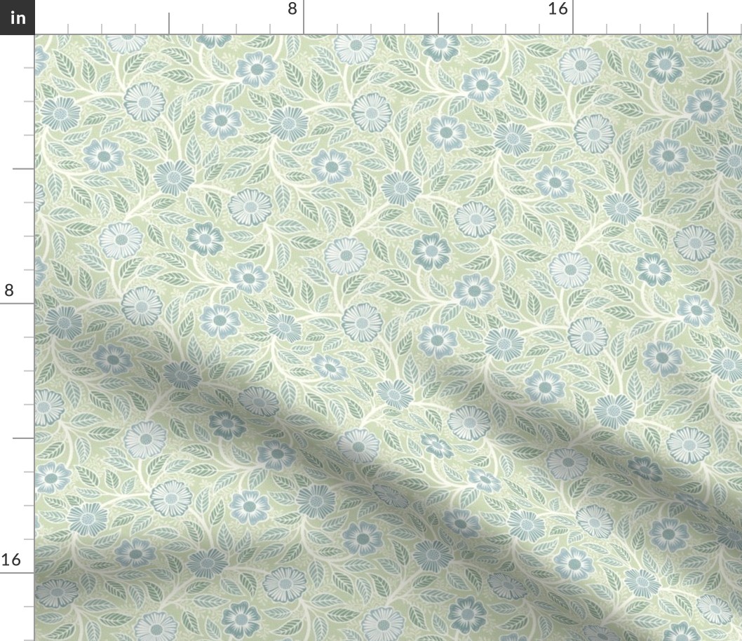 Soft Spring- Victorian Floral- Off White on Pastel Green Background- Climbing Vine with Flowers- Natural- Soft Green- Nursery Wallpaper- William Morris Inspired- Spring- Mini