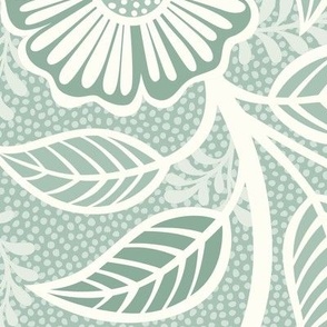Soft Spring- Victorian Floral- Off White on Pastel Tea Green Background- Climbing Vine with Flowers- Natural- Soft Teal Green- Nursery Wallpaper- William Morris Inspired- Spring- Extra Large