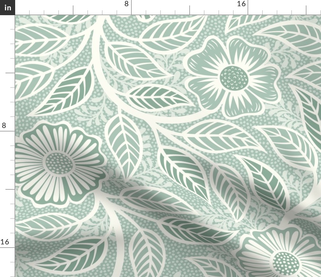 Soft Spring- Victorian Floral- Off White on Pastel Tea Green Background- Climbing Vine with Flowers- Natural- Soft Teal Green- Nursery Wallpaper- William Morris Inspired- Spring- Extra Large
