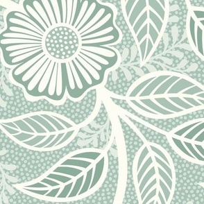 Soft Spring- Victorian Floral- Off White on Pastel Tea Green Background- Climbing Vine with Flowers- Natural- Soft Teal Green- Nursery Wallpaper- William Morris Inspired- Spring- Large