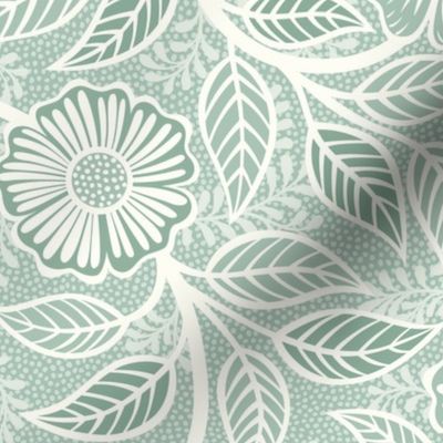 Soft Spring- Victorian Floral- Off White on Pastel Tea Green Background- Climbing Vine with Flowers- Natural- Soft Teal Green- Nursery Wallpaper- William Morris Inspired- Spring- Medium