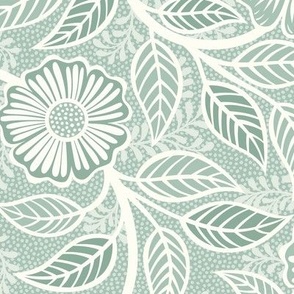 Soft Spring- Victorian Floral- Off White on Pastel Tea Green Background- Climbing Vine with Flowers- Natural- Soft Teal Green- Nursery Wallpaper- William Morris Inspired- Spring- Medium