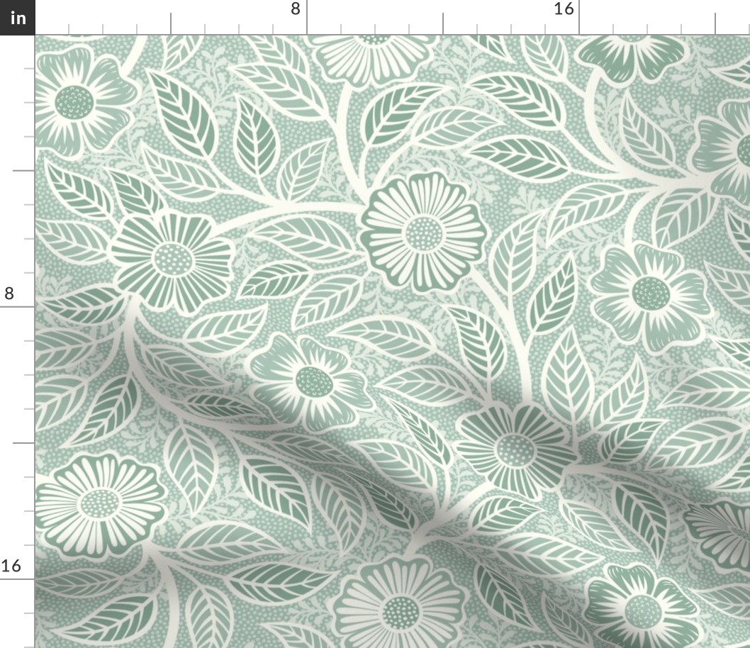 Soft Spring- Victorian Floral- Off White on Pastel Tea Green Background- Climbing Vine with Flowers- Natural- Soft Teal Green- Nursery Wallpaper- William Morris Inspired- Spring- Medium