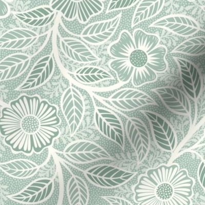 Soft Spring- Victorian Floral- Off White on Pastel Tea Green Background- Climbing Vine with Flowers- Natural- Soft Teal Green- Nursery Wallpaper- William Morris Inspired- Spring- Small