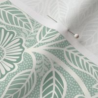 Soft Spring- Victorian Floral- Off White on Pastel Tea Green Background- Climbing Vine with Flowers- Natural- Soft Teal Green- Nursery Wallpaper- William Morris Inspired- Spring- Small