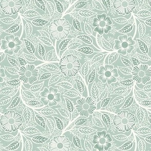Soft Spring- Victorian Floral- Off White on Pastel Tea Green Background- Climbing Vine with Flowers- Natural- Soft Teal Green- Nursery Wallpaper- William Morris Inspired- Spring- Mini