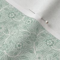 Soft Spring- Victorian Floral- Off White on Pastel Tea Green Background- Climbing Vine with Flowers- Natural- Soft Teal Green- Nursery Wallpaper- William Morris Inspired- Spring- Micro