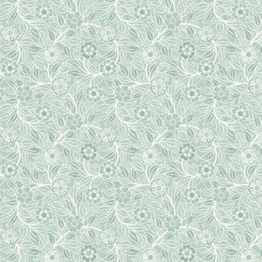 Soft Spring- Victorian Floral- Off White on Pastel Tea Green Background- Climbing Vine with Flowers- Natural- Soft Teal Green- Nursery Wallpaper- William Morris Inspired- Spring- Micro