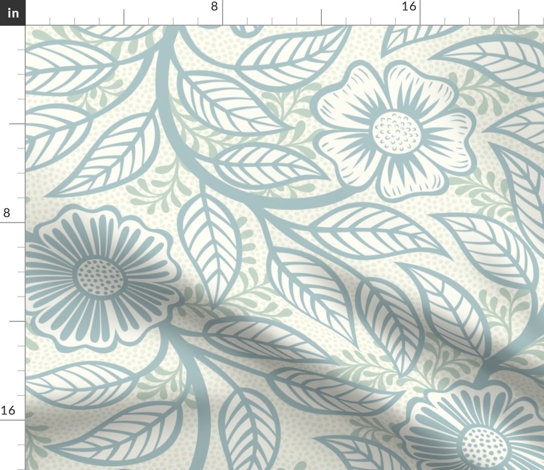 Soft Spring- Victorian Floral- Pastel Teal Green on Off White- Climbing Vine with Flowers- Natural- Soft Teal Green- Nursery Wallpaper- William Morris Inspired- Spring- Extra Large