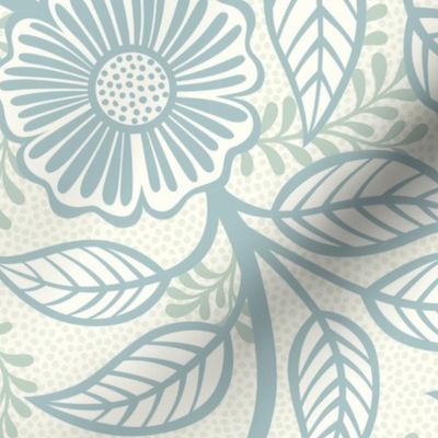 Soft Spring- Victorian Floral- Pastel Teal Green on Off White- Climbing Vine with Flowers- Natural- Soft Teal Green- Nursery Wallpaper- William Morris Inspired- Spring- Large