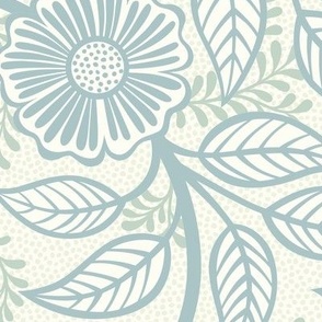 Soft Spring- Victorian Floral- Pastel Teal Green on Off White- Climbing Vine with Flowers- Natural- Soft Teal Green- Nursery Wallpaper- William Morris Inspired- Spring- Large