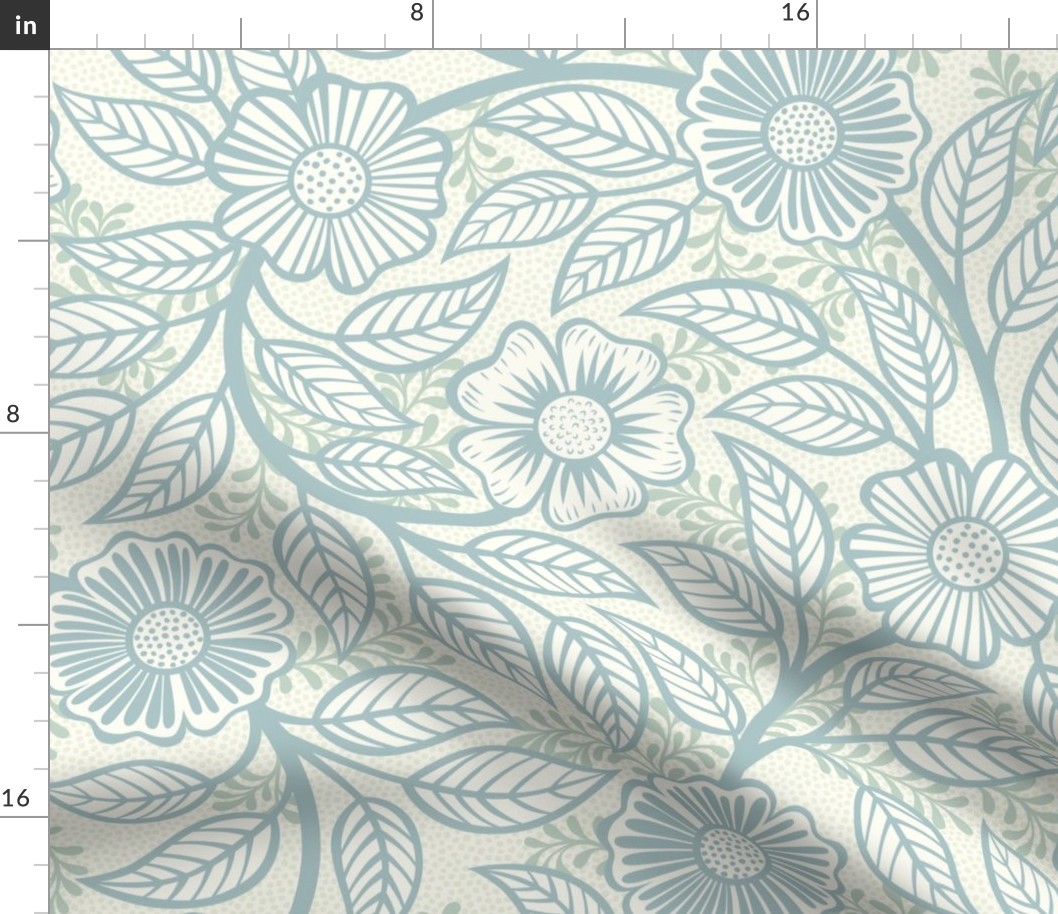 Soft Spring- Victorian Floral- Pastel Teal Green on Off White- Climbing Vine with Flowers- Natural- Soft Teal Green- Nursery Wallpaper- William Morris Inspired- Spring- Large