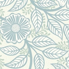 Soft Spring- Victorian Floral- Pastel Teal Green on Off White- Climbing Vine with Flowers- Natural- Soft Teal Green- Nursery Wallpaper- William Morris Inspired- Spring- Medium
