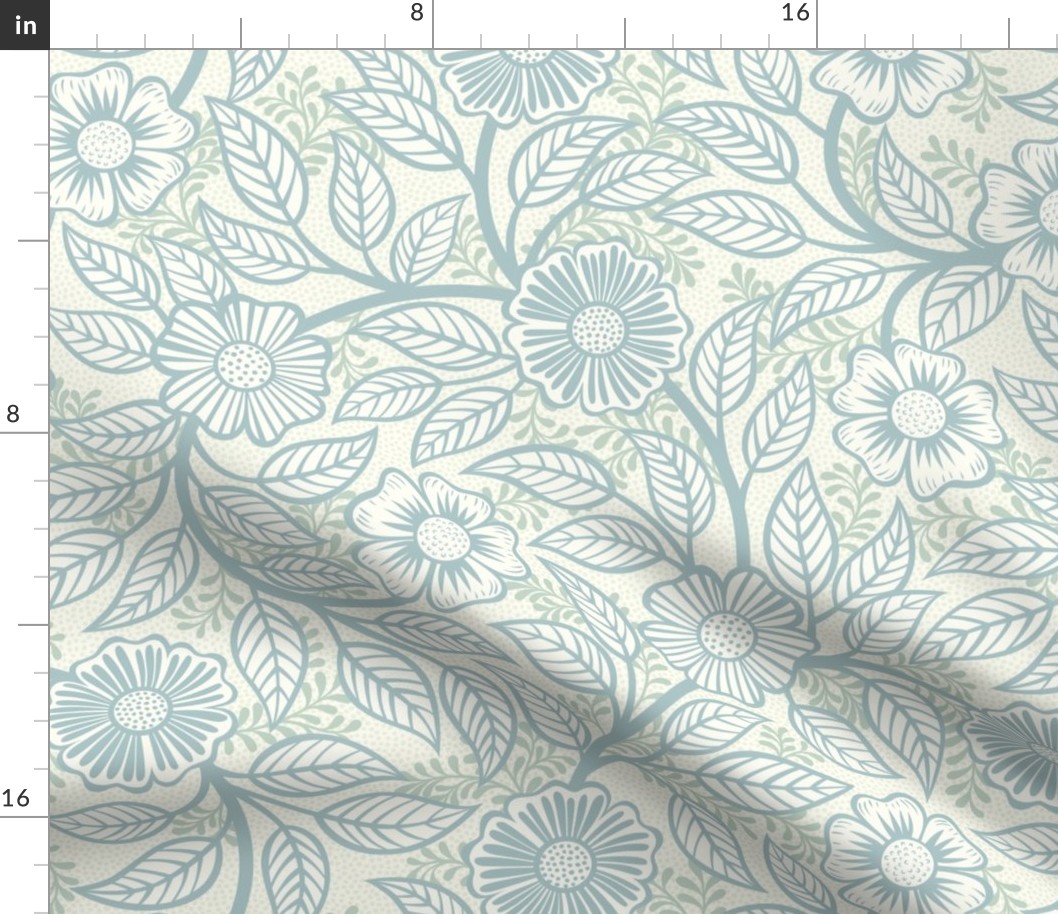 Soft Spring- Victorian Floral- Pastel Teal Green on Off White- Climbing Vine with Flowers- Natural- Soft Teal Green- Nursery Wallpaper- William Morris Inspired- Spring- Medium