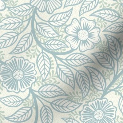Soft Spring- Victorian Floral- Pastel Teal Green on Off White- Climbing Vine with Flowers- Natural- Soft Teal Green- Nursery Wallpaper- William Morris Inspired- Spring- Small