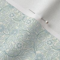 Soft Spring- Victorian Floral- Pastel Teal Green on Off White- Climbing Vine with Flowers- Natural- Soft Teal Green- Nursery Wallpaper- William Morris Inspired- Spring- Micro