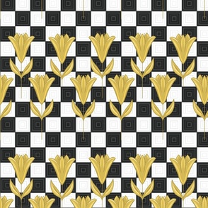 Gold flowers on checkerboard