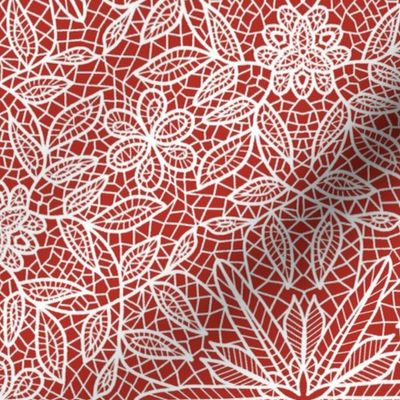 White Hexagon Floral Mock Lace on Red